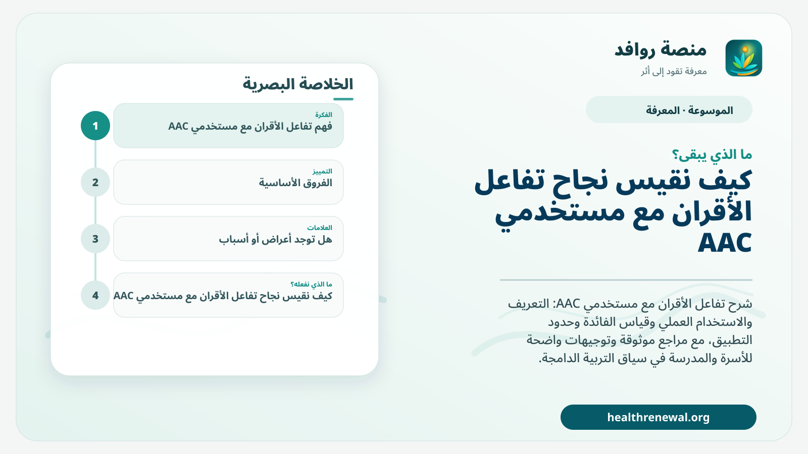 مخطط ختامي من منصة روافد يلخص «تفاعل الأقران مع مستخدمي AAC» ويعرض أهم المحاور والخطوات التالية