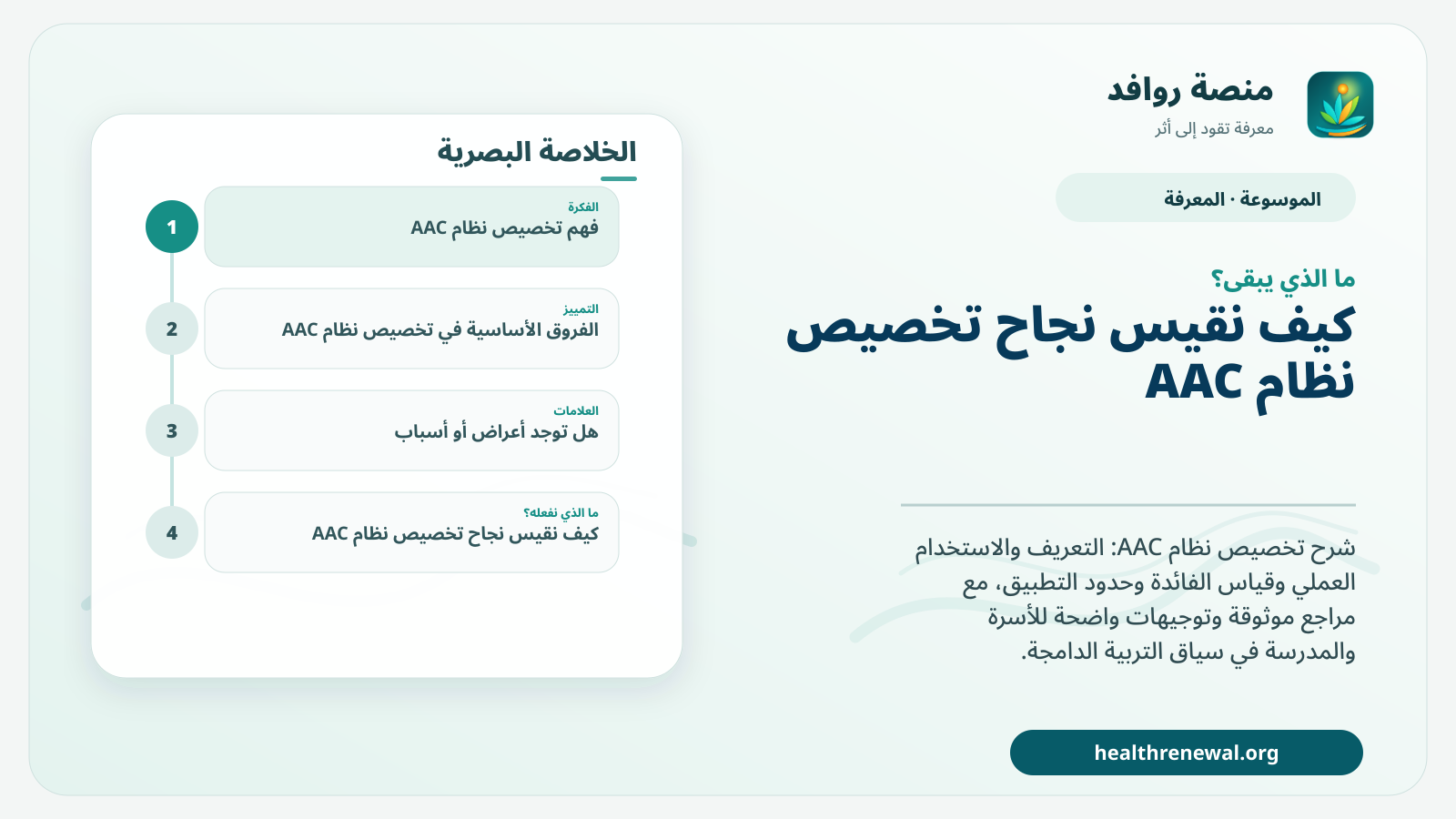 مخطط ختامي من منصة روافد يلخص «تخصيص نظام AAC» ويعرض أهم المحاور والخطوات التالية