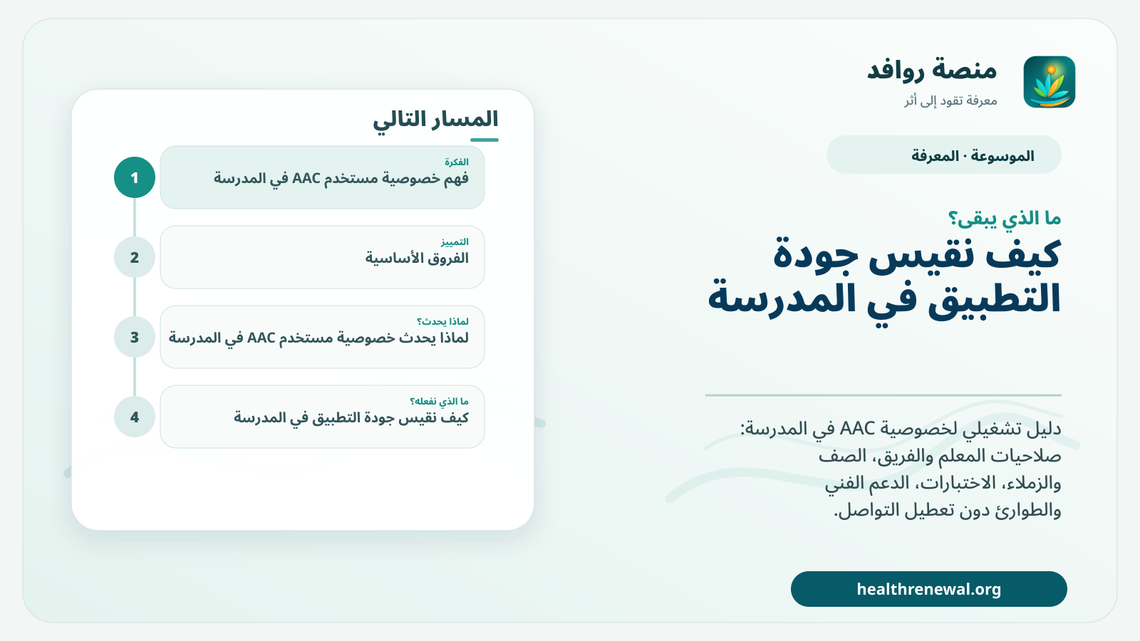 مخطط ختامي من منصة روافد يلخص «خصوصية مستخدم AAC في المدرسة: دليل الصلاحيات والصف والتوثيق» ويعرض أهم المحاور والخطوات التالية
