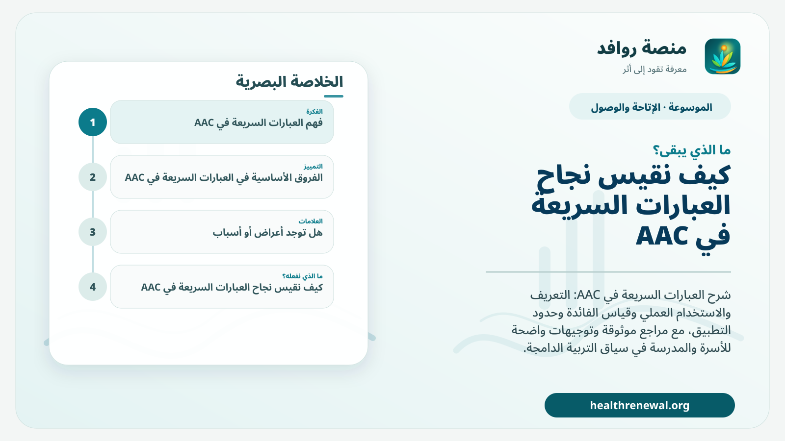 مخطط ختامي من منصة روافد يلخص «العبارات السريعة في AAC» ويعرض أهم المحاور والخطوات التالية