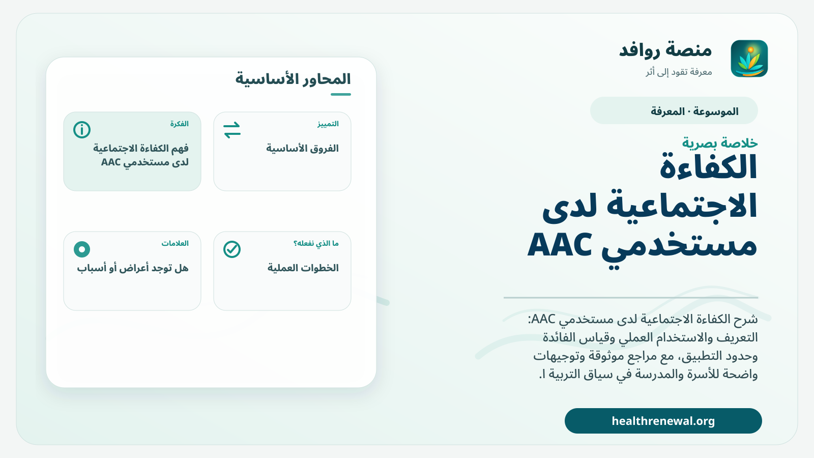 صورة بارزة من منصة روافد تلخص «الكفاءة الاجتماعية لدى مستخدمي AAC» بصريًا وفق محاور الصفحة الأساسية
