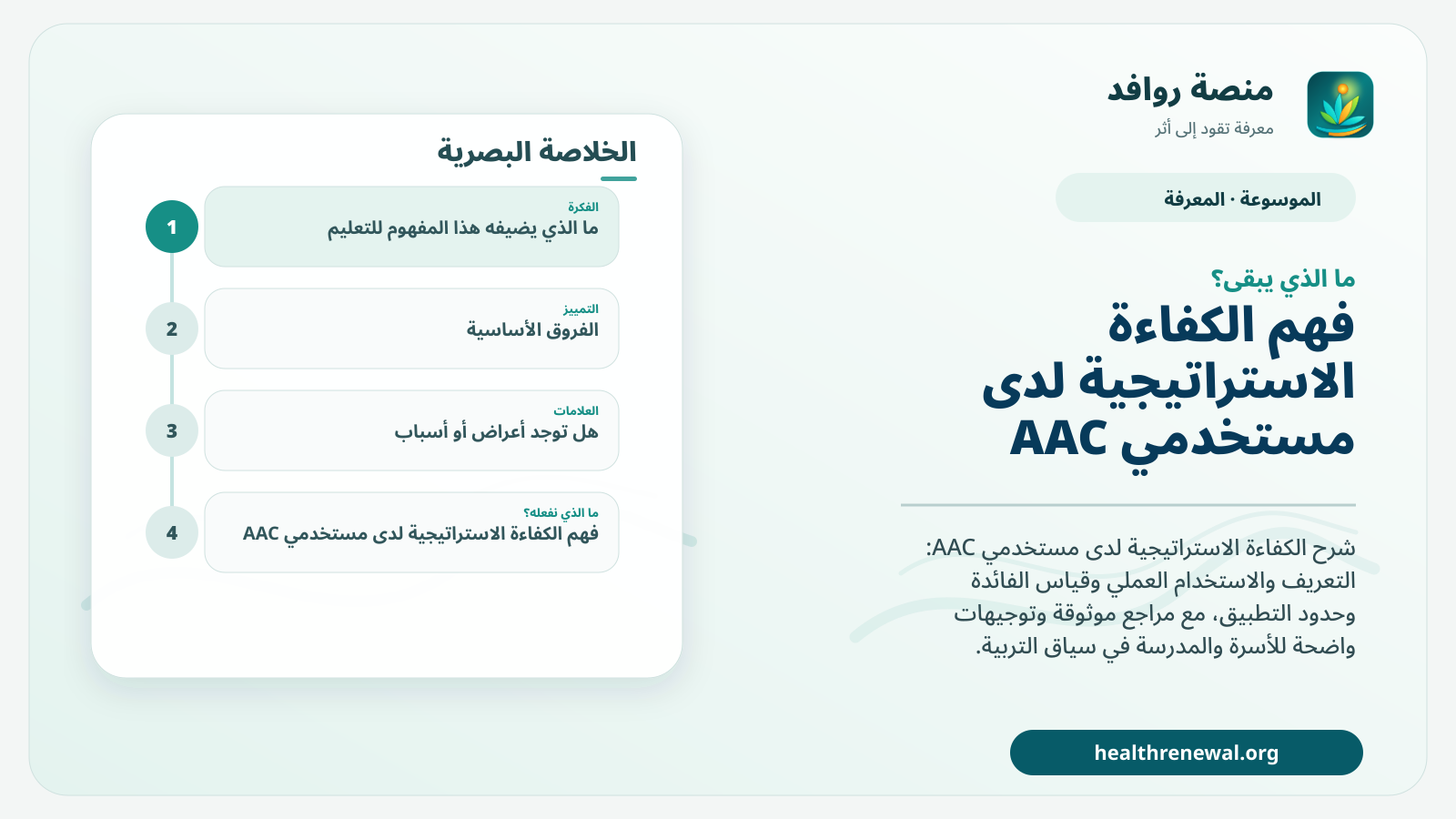 مخطط ختامي من منصة روافد يلخص «الكفاءة الاستراتيجية لدى مستخدمي AAC» ويعرض أهم المحاور والخطوات التالية
