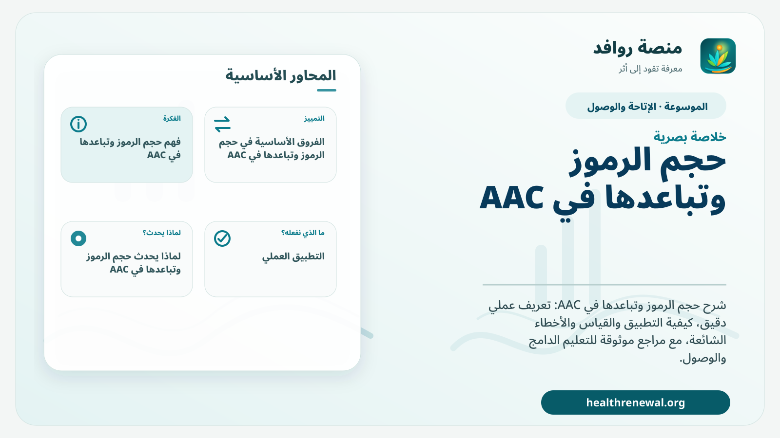 صورة بارزة من منصة روافد تلخص «حجم الرموز وتباعدها في AAC» بصريًا وفق محاور الصفحة الأساسية