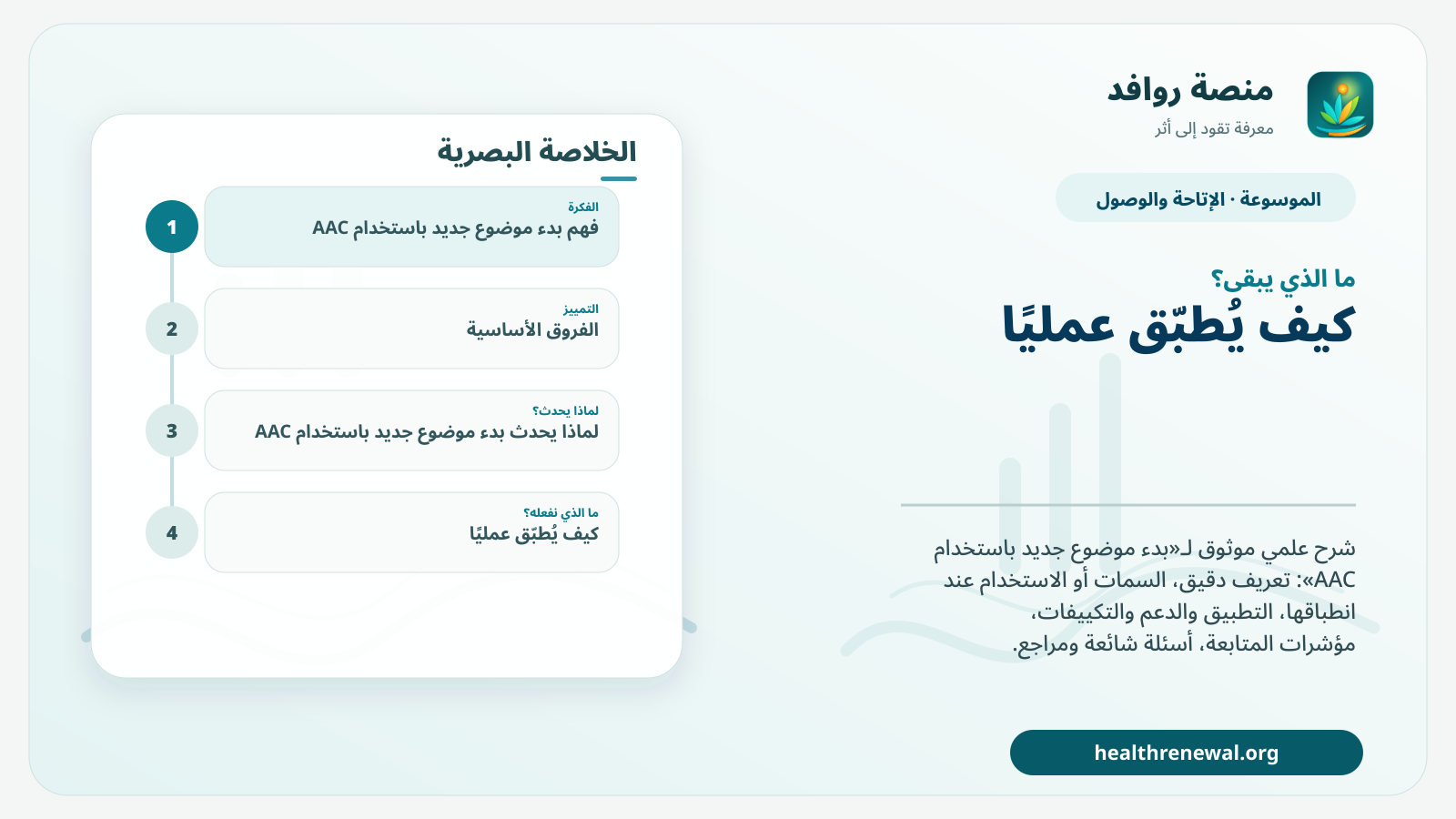 مخطط ختامي من منصة روافد يلخص «بدء موضوع جديد باستخدام AAC» ويعرض أهم المحاور والخطوات التالية