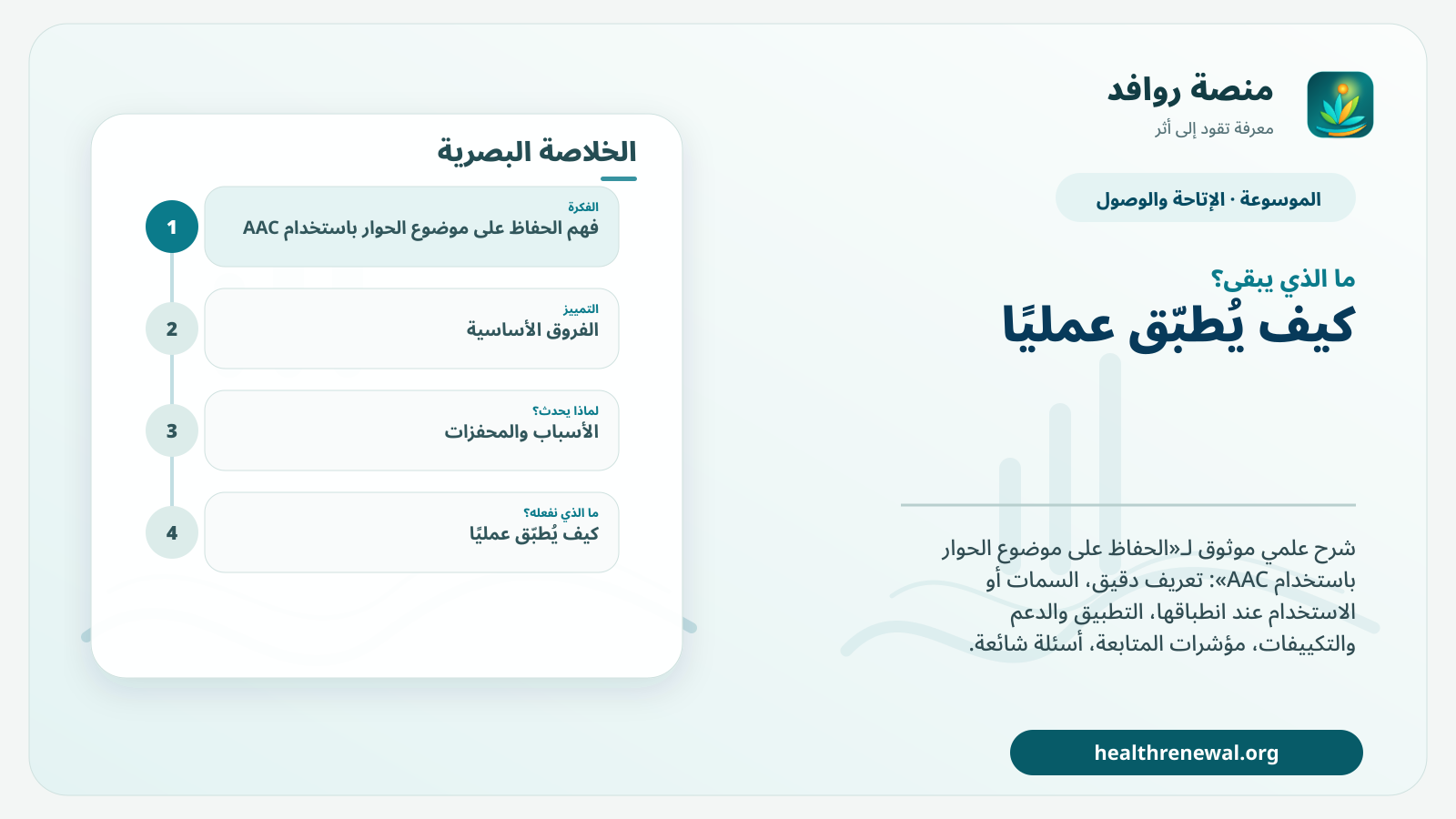 مخطط ختامي من منصة روافد يلخص «الحفاظ على موضوع الحوار باستخدام AAC» ويعرض أهم المحاور والخطوات التالية