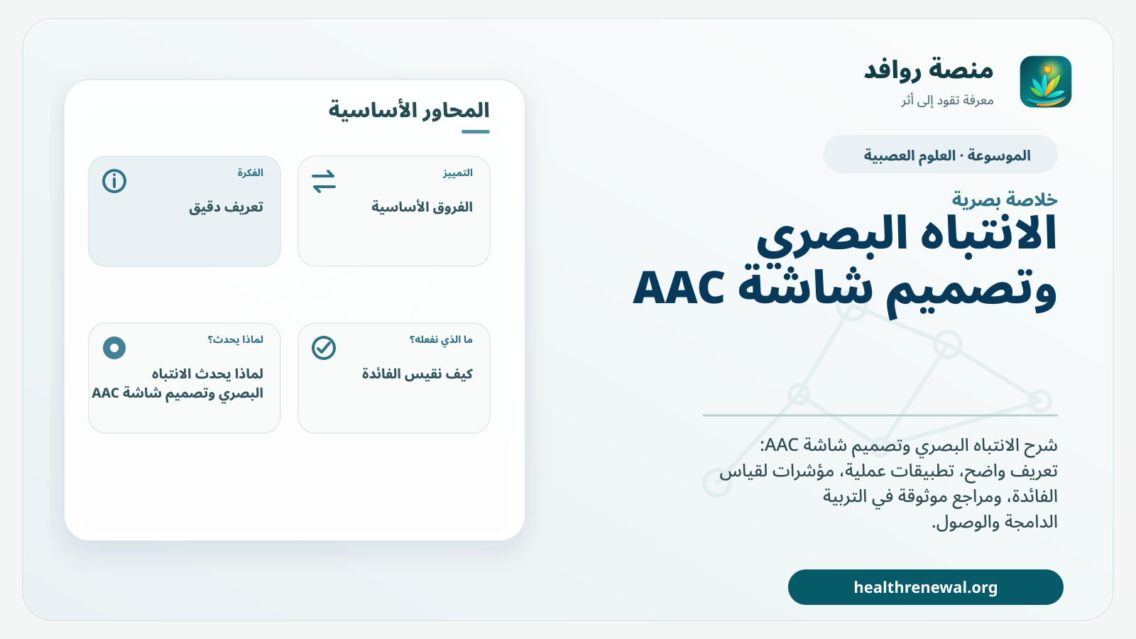صورة بارزة من منصة روافد تلخص «الانتباه البصري وتصميم شاشة AAC» بصريًا وفق محاور الصفحة الأساسية
