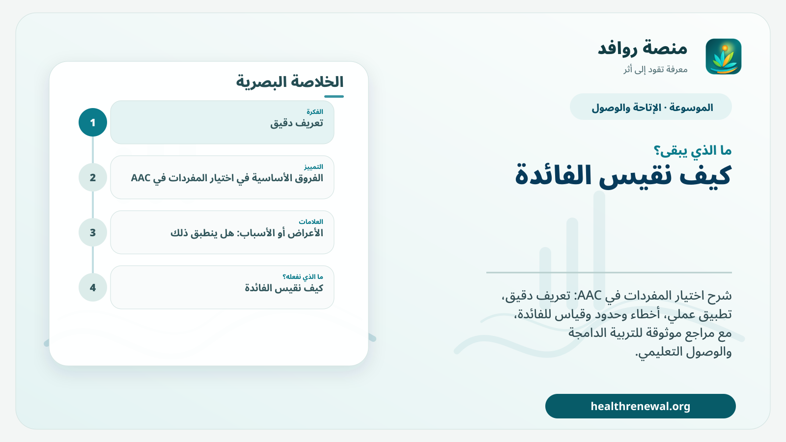 مخطط ختامي من منصة روافد يلخص «اختيار المفردات في AAC» ويعرض أهم المحاور والخطوات التالية