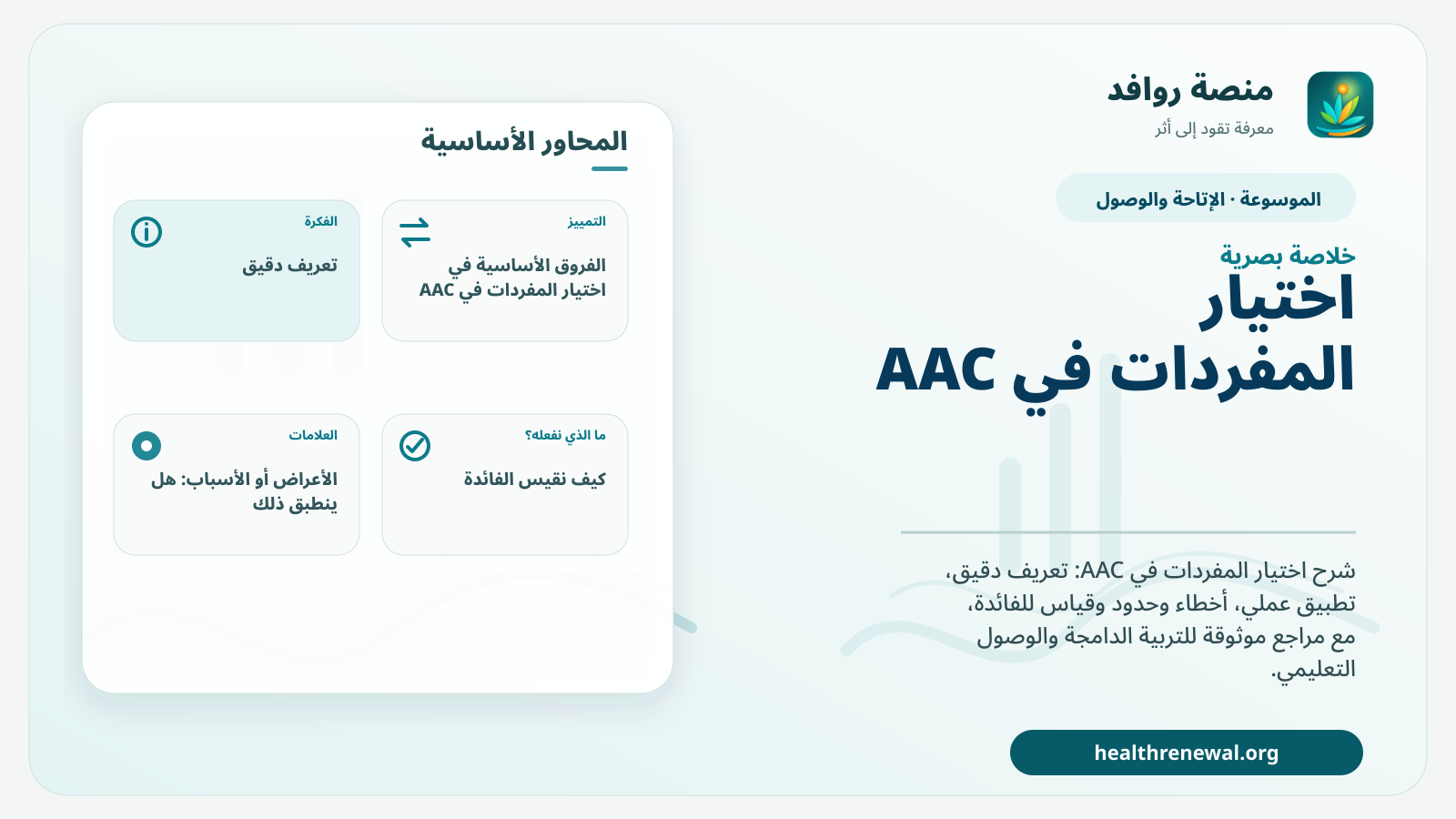 صورة بارزة من منصة روافد تلخص «اختيار المفردات في AAC» بصريًا وفق محاور الصفحة الأساسية