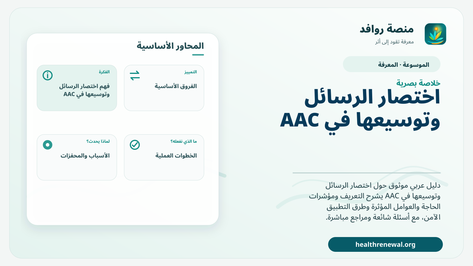 صورة بارزة من منصة روافد تلخص «اختصار الرسائل وتوسيعها في AAC» بصريًا وفق محاور الصفحة الأساسية