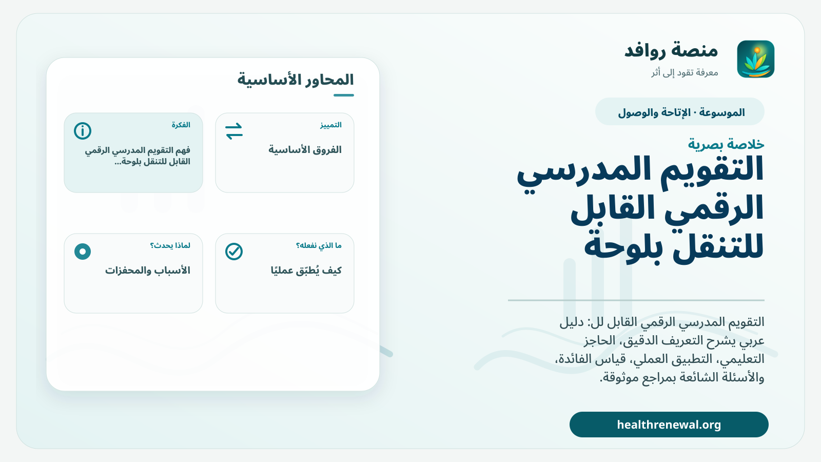 صورة بارزة من منصة روافد تلخص «التقويم المدرسي الرقمي القابل للتنقل بلوحة المفاتيح» بصريًا وفق محاور الصفحة الأساسية