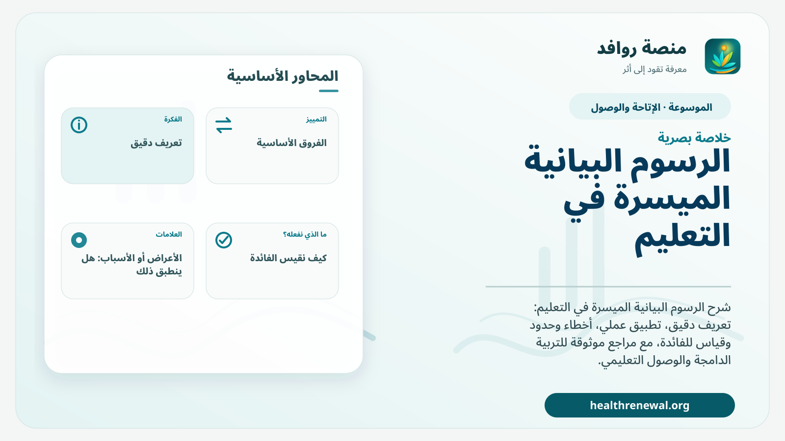 صورة بارزة من منصة روافد تلخص «الرسوم البيانية الميسرة في التعليم» بصريًا وفق محاور الصفحة الأساسية
