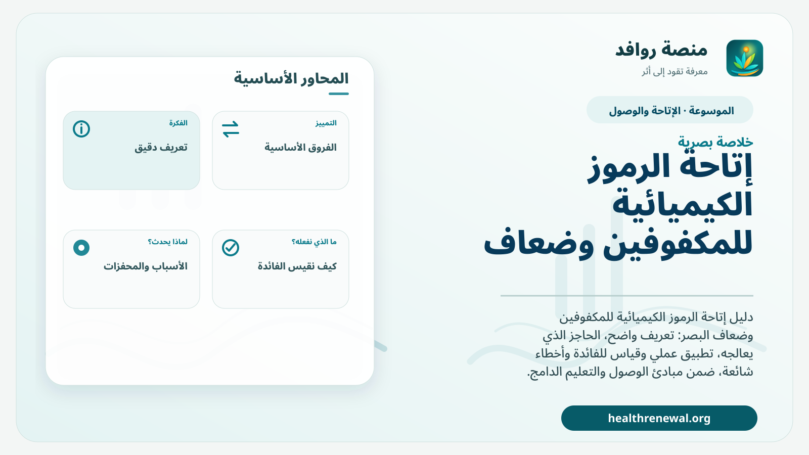 صورة بارزة من منصة روافد تلخص «إتاحة الرموز الكيميائية للمكفوفين وضعاف البصر» بصريًا وفق محاور الصفحة الأساسية