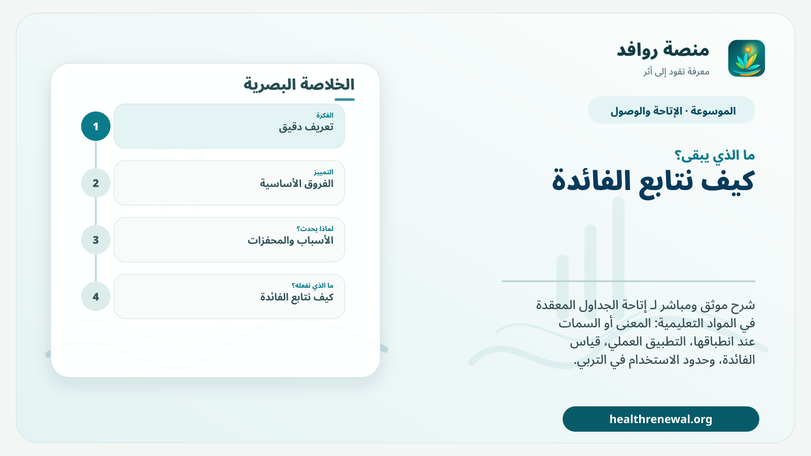 مخطط ختامي من منصة روافد يلخص «إتاحة الجداول المعقدة في المواد التعليمية» ويعرض أهم المحاور والخطوات التالية