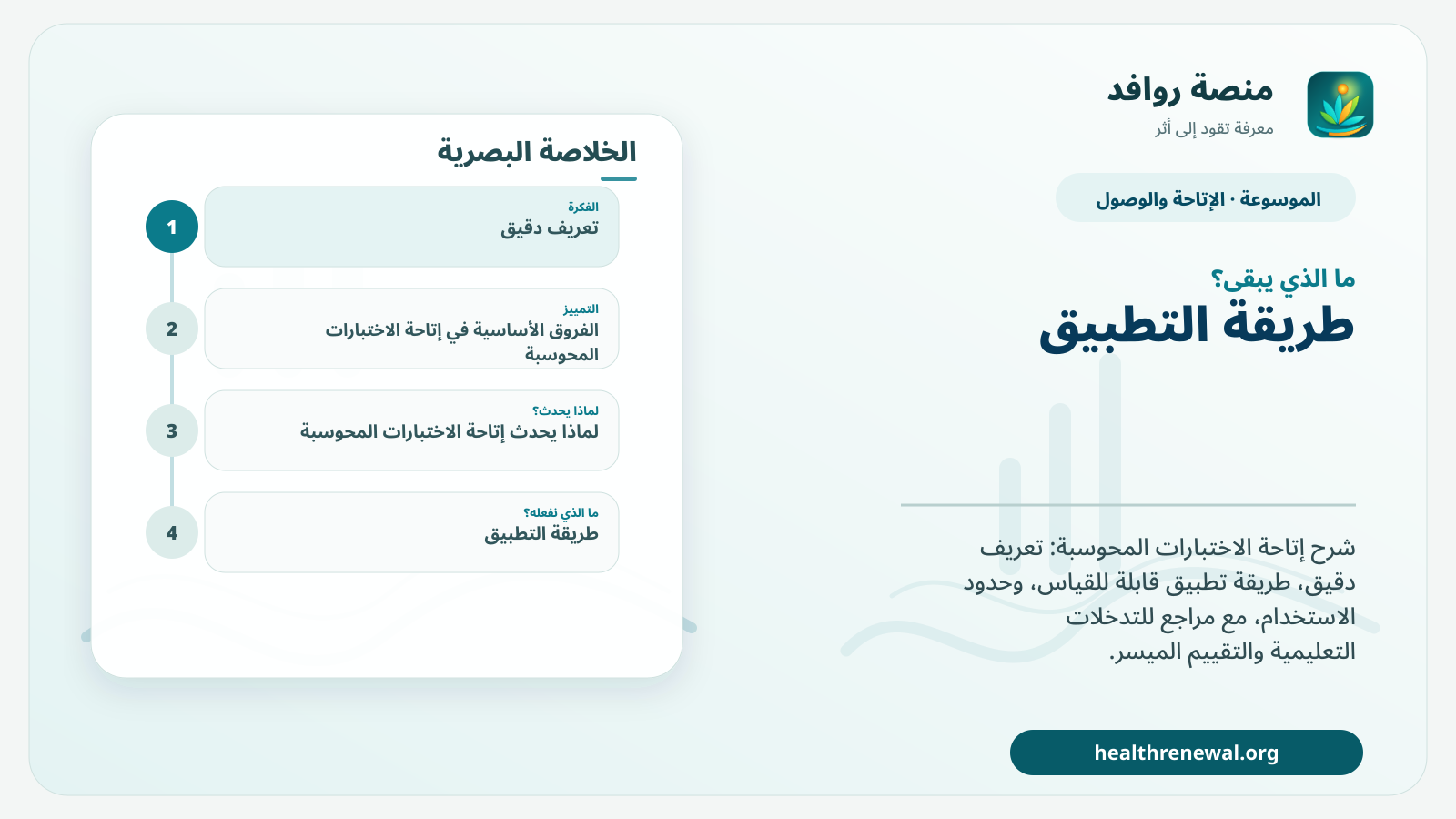 مخطط ختامي من منصة روافد يلخص «إتاحة الاختبارات المحوسبة» ويعرض أهم المحاور والخطوات التالية