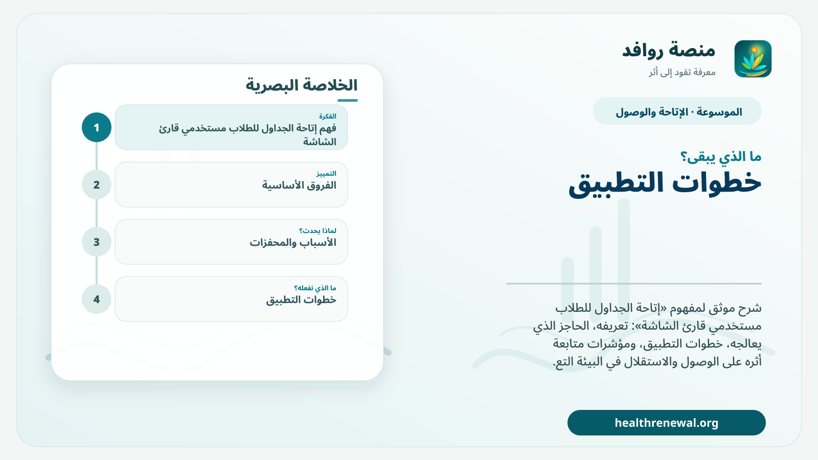 مخطط ختامي من منصة روافد يلخص «إتاحة الجداول للطلاب مستخدمي قارئ الشاشة» ويعرض أهم المحاور والخطوات التالية