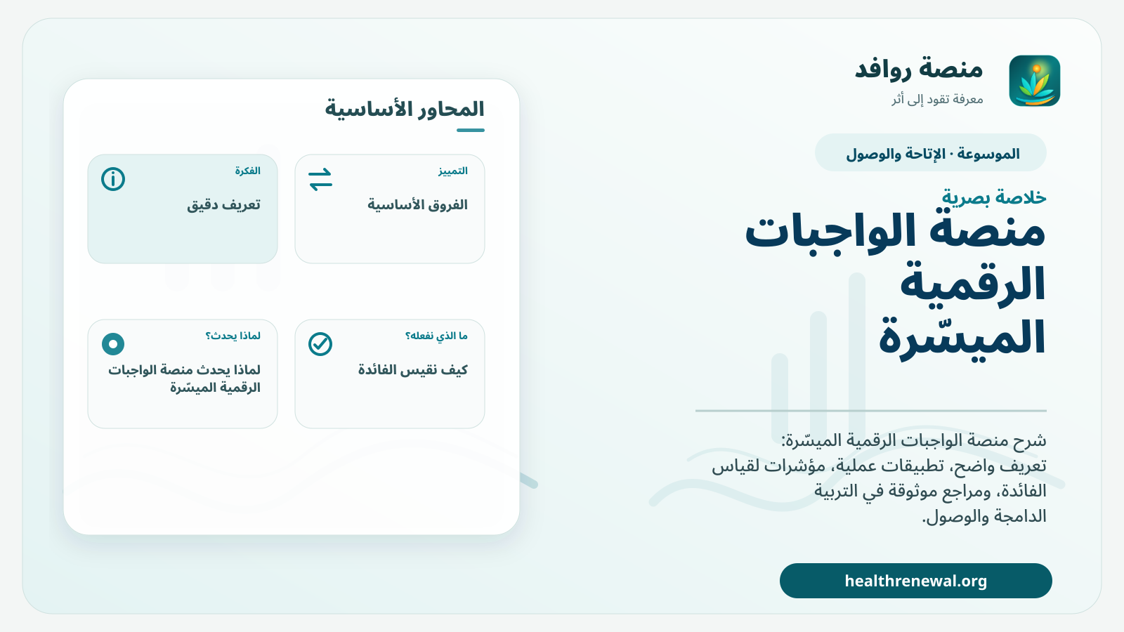 صورة بارزة من منصة روافد تلخص «منصة الواجبات الرقمية الميسّرة» بصريًا وفق محاور الصفحة الأساسية