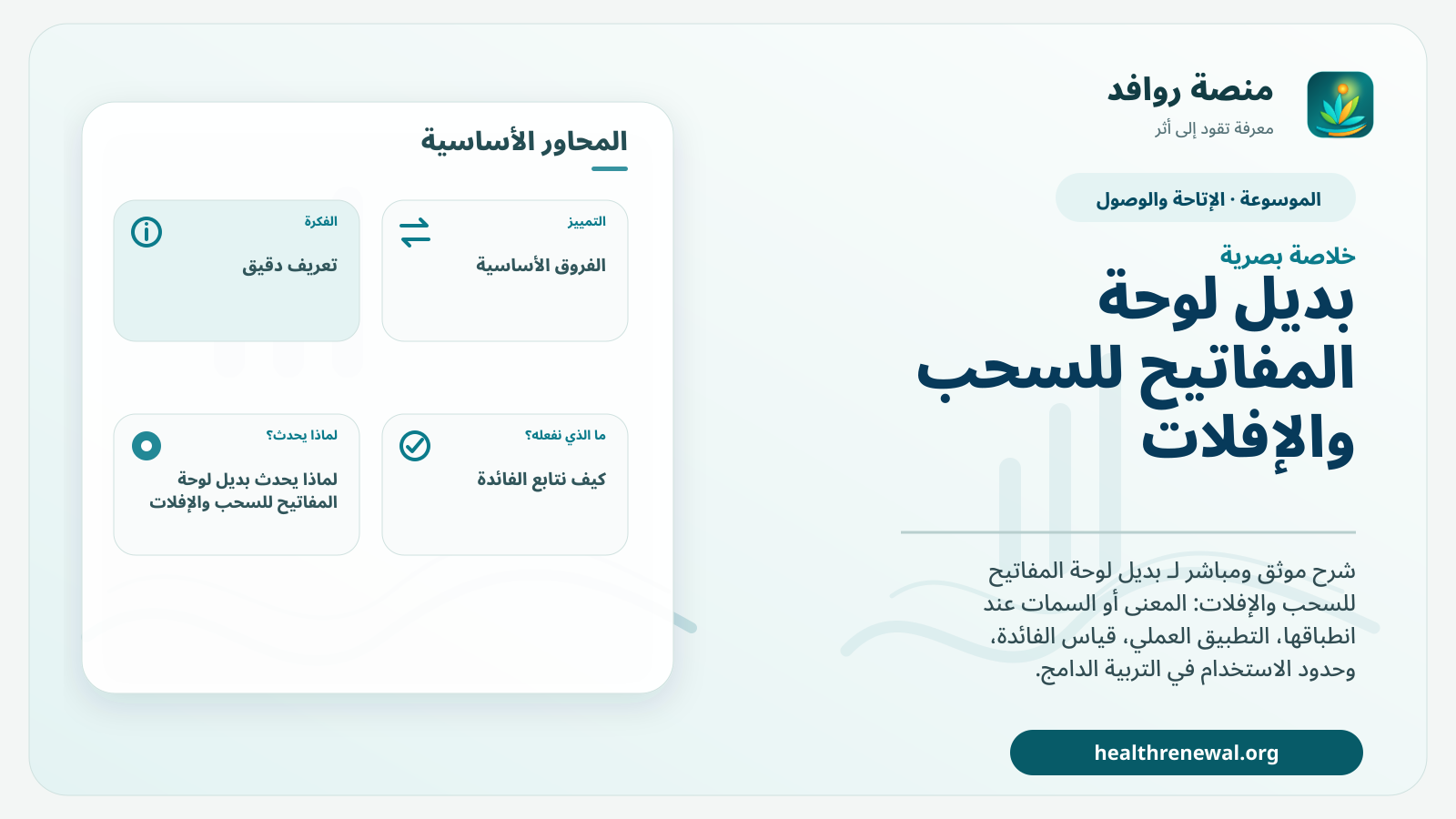 صورة بارزة من منصة روافد تلخص «بديل لوحة المفاتيح للسحب والإفلات» بصريًا وفق محاور الصفحة الأساسية