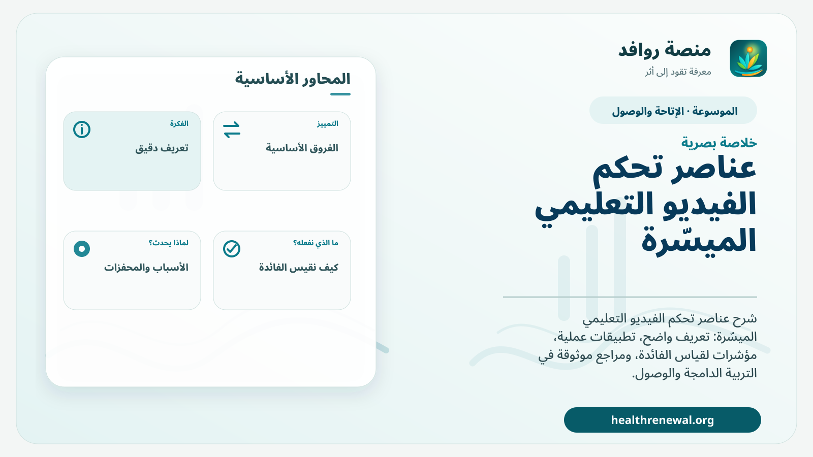 صورة بارزة من منصة روافد تلخص «عناصر تحكم الفيديو التعليمي الميسّرة» بصريًا وفق محاور الصفحة الأساسية