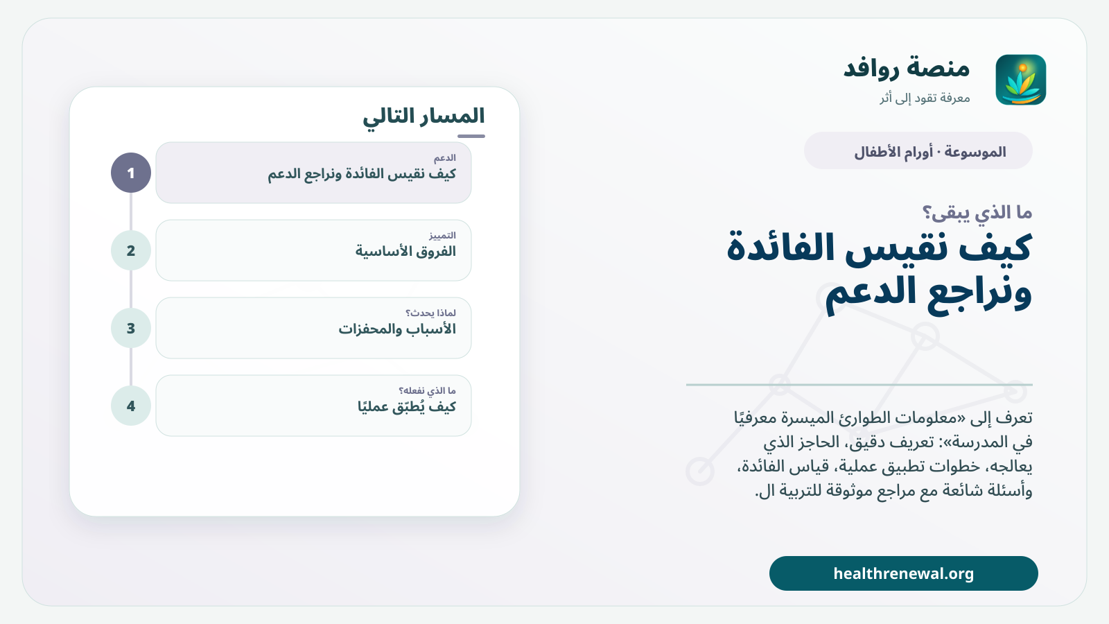مخطط ختامي من منصة روافد يلخص «معلومات الطوارئ الميسرة معرفيًا في المدرسة» ويعرض أهم المحاور والخطوات التالية