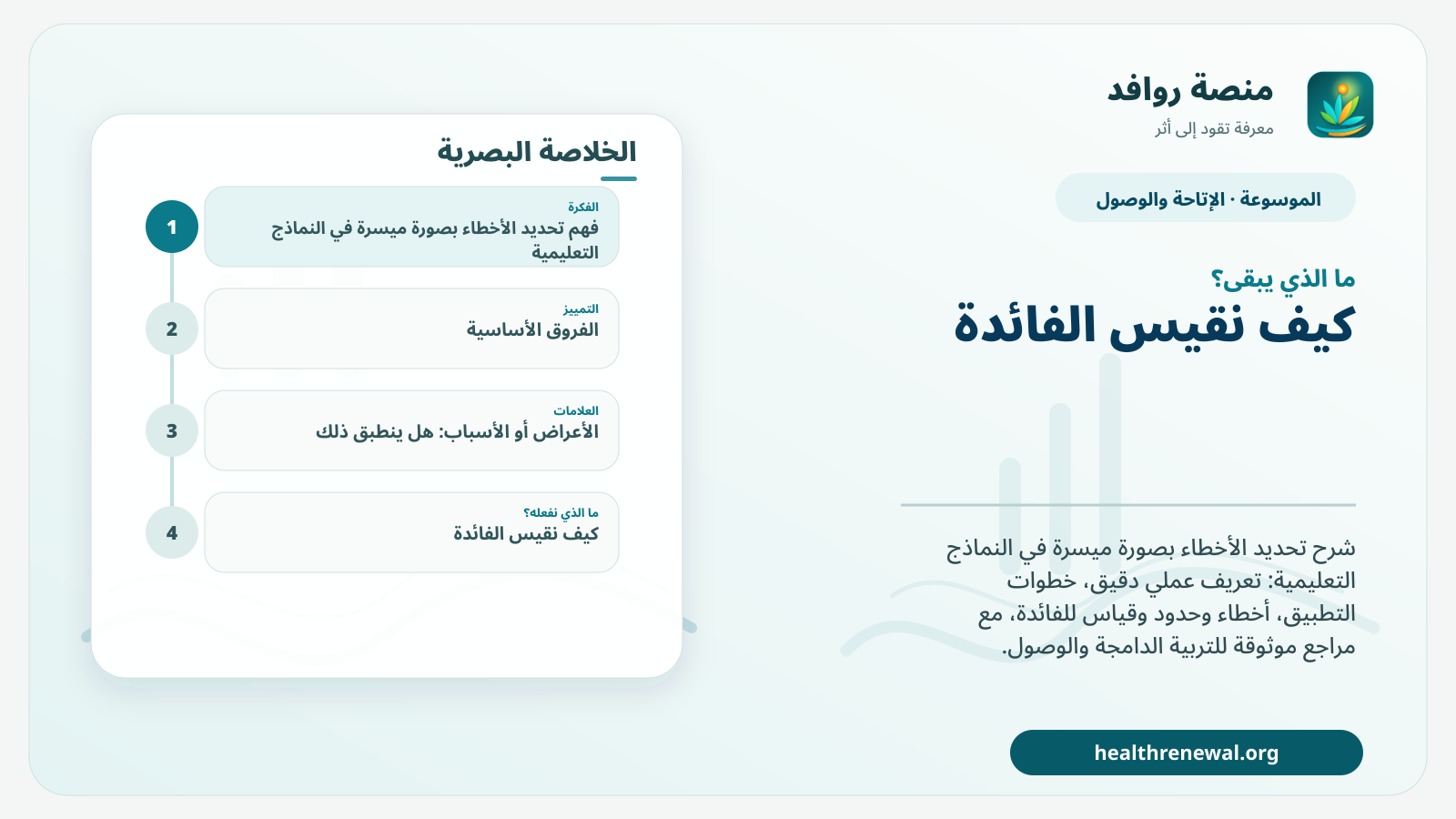 مخطط ختامي من منصة روافد يلخص «تحديد الأخطاء بصورة ميسرة في النماذج التعليمية» ويعرض أهم المحاور والخطوات التالية