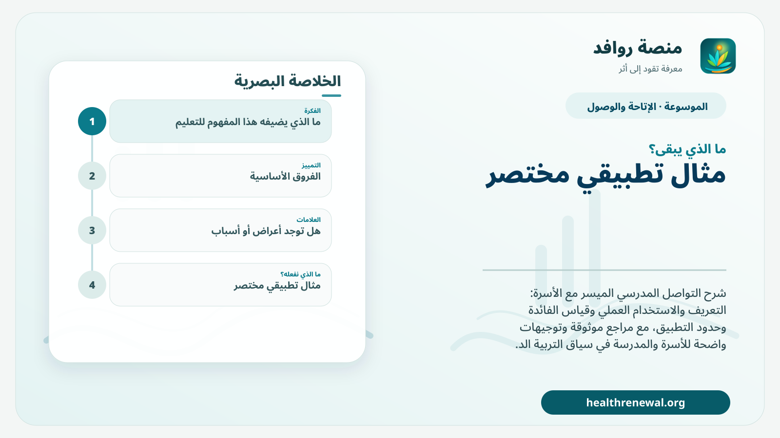 مخطط ختامي من منصة روافد يلخص «التواصل المدرسي الميسر مع الأسرة» ويعرض أهم المحاور والخطوات التالية