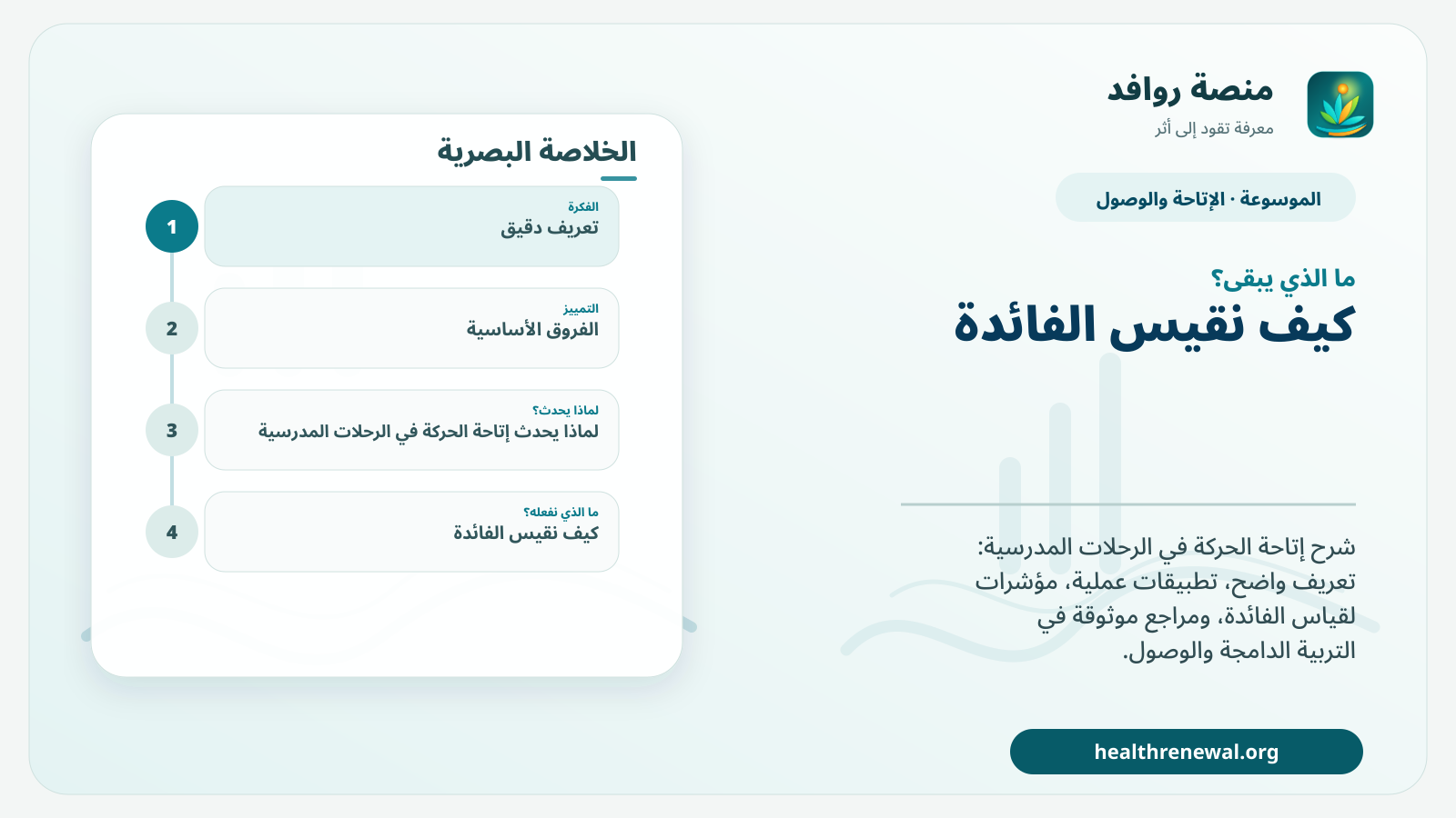 مخطط ختامي من منصة روافد يلخص «إتاحة الحركة في الرحلات المدرسية» ويعرض أهم المحاور والخطوات التالية