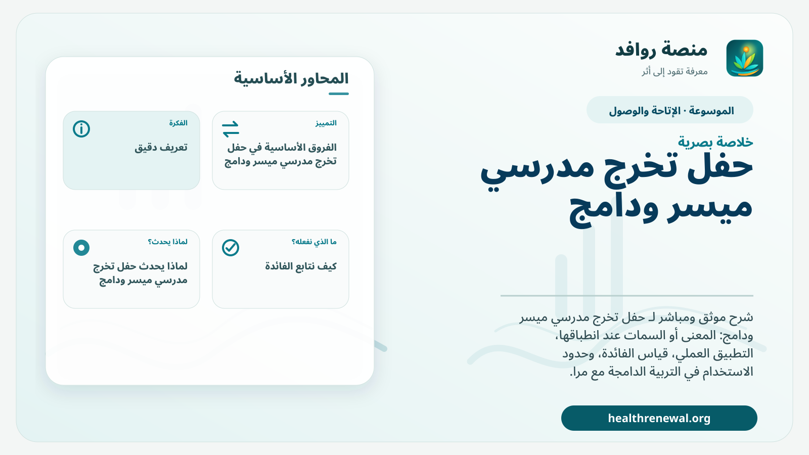 صورة بارزة من منصة روافد تلخص «حفل تخرج مدرسي ميسر ودامج» بصريًا وفق محاور الصفحة الأساسية