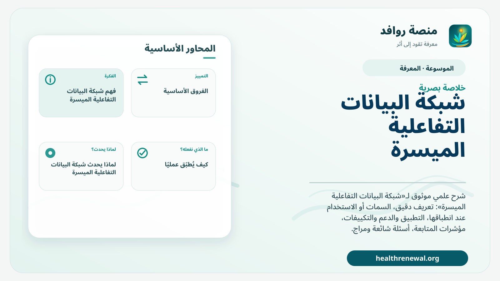 صورة بارزة من منصة روافد تلخص «شبكة البيانات التفاعلية الميسرة» بصريًا وفق محاور الصفحة الأساسية