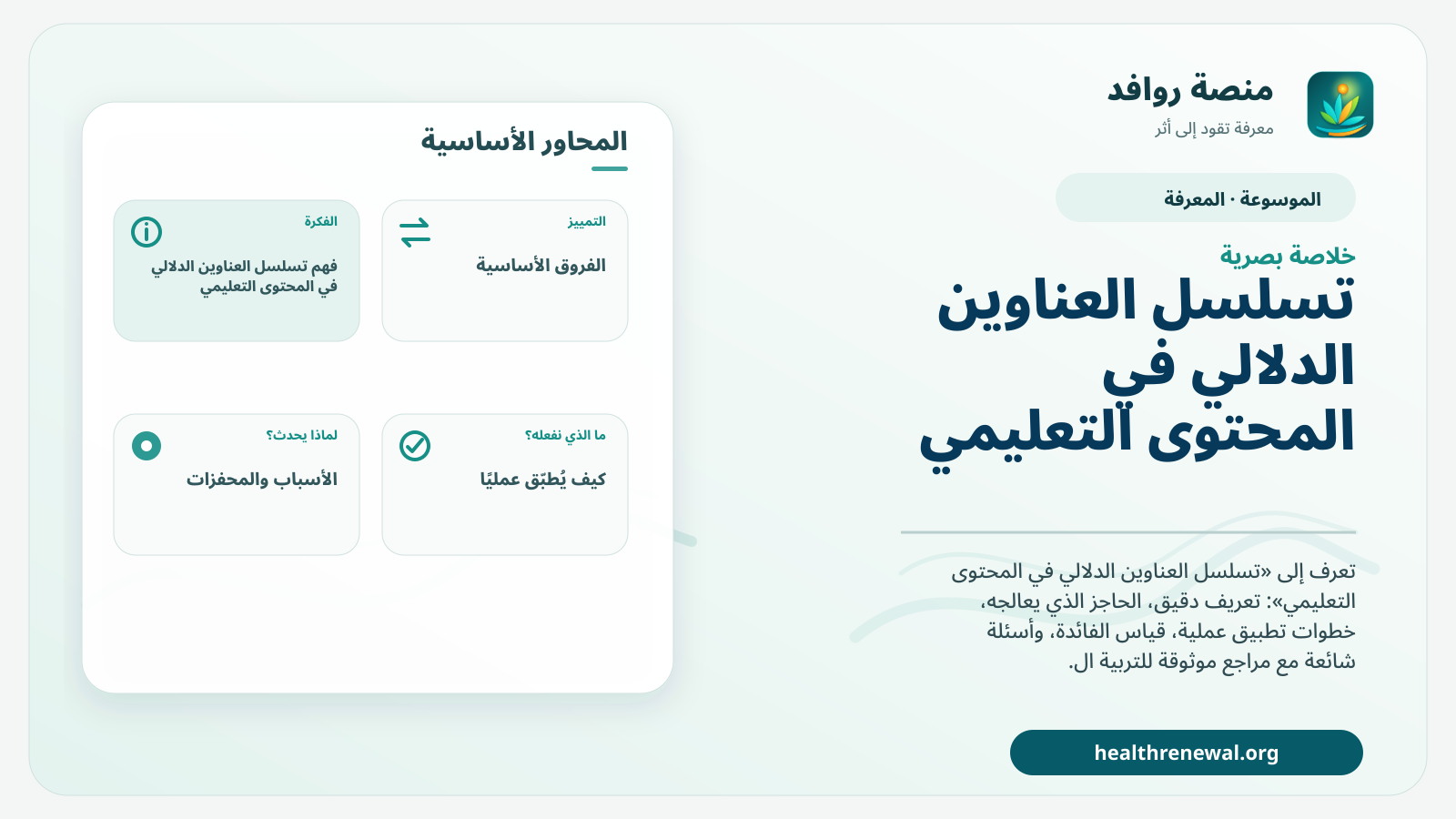 صورة بارزة من منصة روافد تلخص «تسلسل العناوين الدلالي في المحتوى التعليمي» بصريًا وفق محاور الصفحة الأساسية