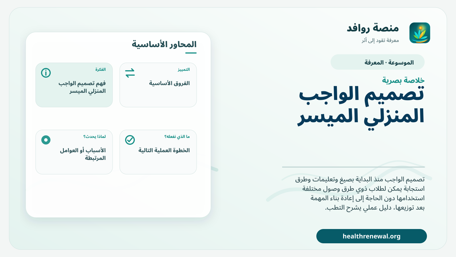 صورة بارزة من منصة روافد تلخص «تصميم الواجب المنزلي الميسر» بصريًا وفق محاور الصفحة الأساسية
