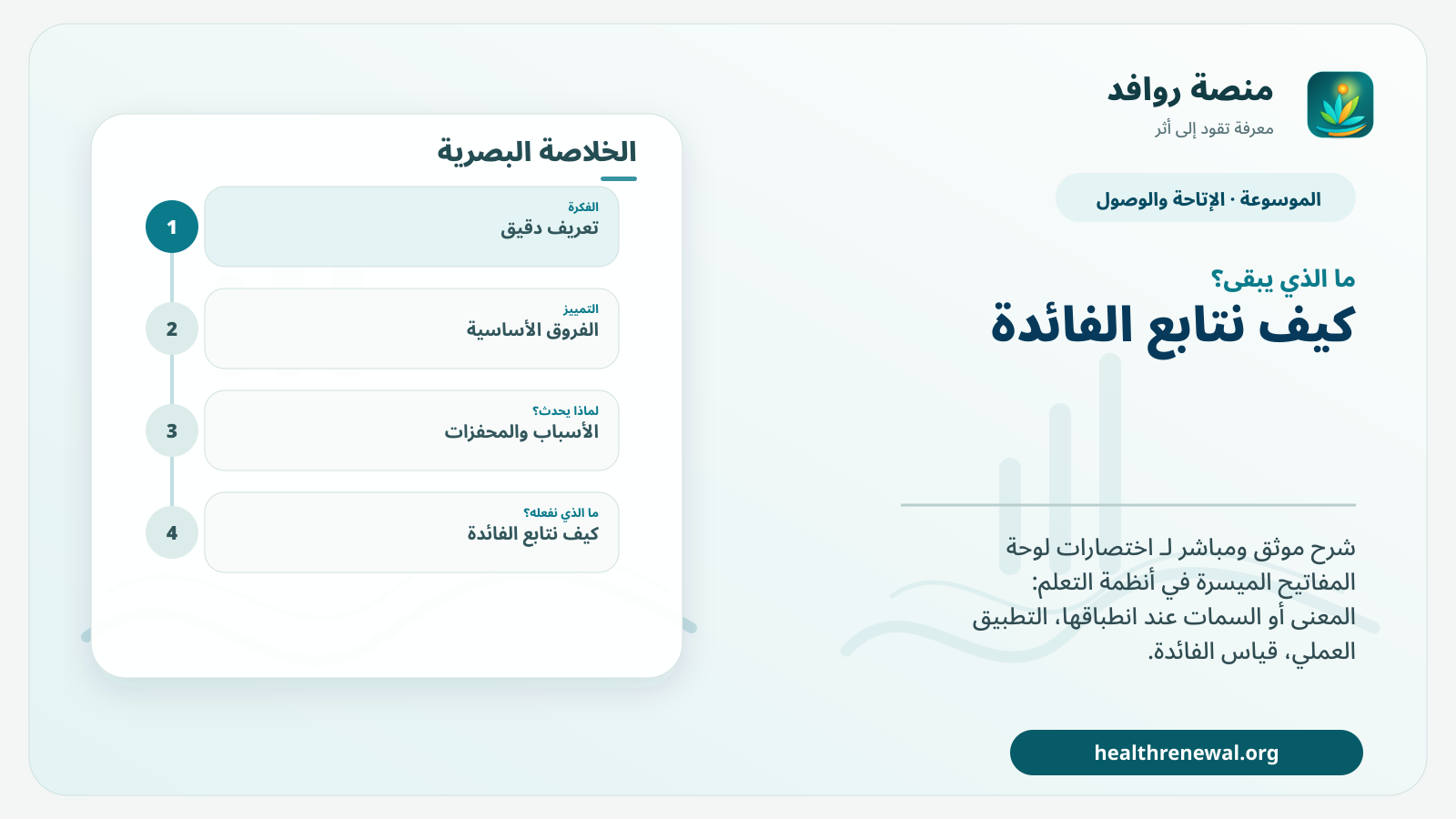 مخطط ختامي من منصة روافد يلخص «اختصارات لوحة المفاتيح الميسرة في أنظمة التعلم» ويعرض أهم المحاور والخطوات التالية