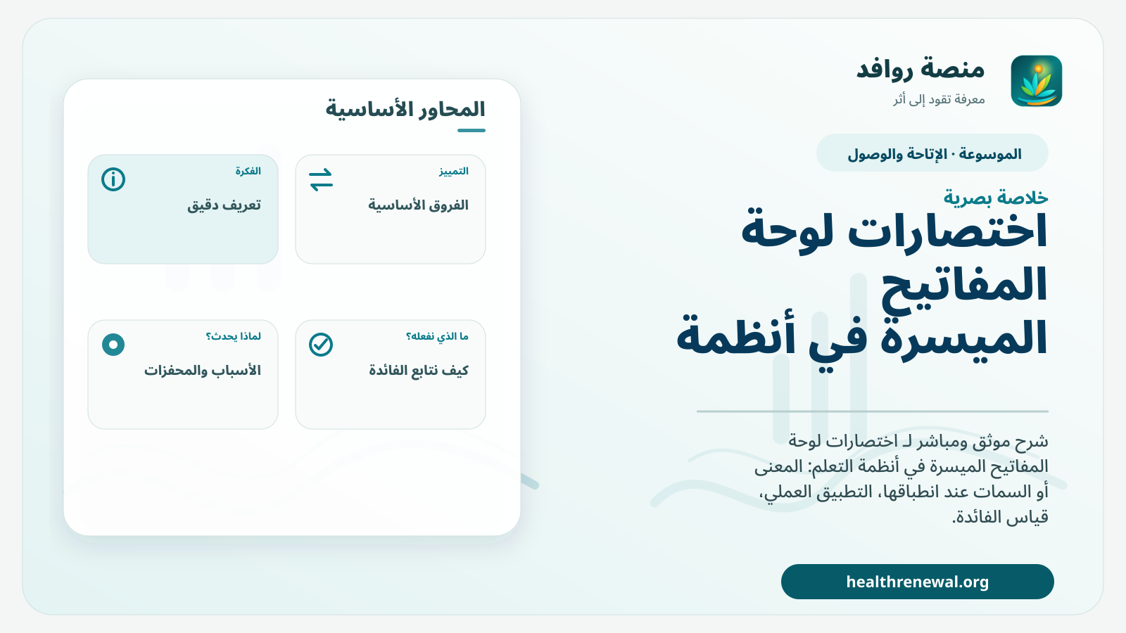 صورة بارزة من منصة روافد تلخص «اختصارات لوحة المفاتيح الميسرة في أنظمة التعلم» بصريًا وفق محاور الصفحة الأساسية