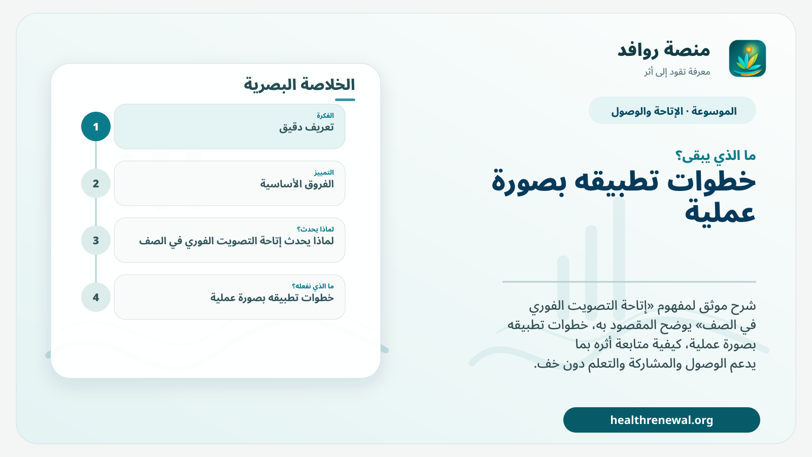مخطط ختامي من منصة روافد يلخص «إتاحة التصويت الفوري في الصف» ويعرض أهم المحاور والخطوات التالية
