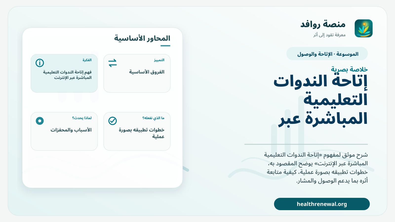 صورة بارزة من منصة روافد تلخص «إتاحة الندوات التعليمية المباشرة عبر الإنترنت» بصريًا وفق محاور الصفحة الأساسية