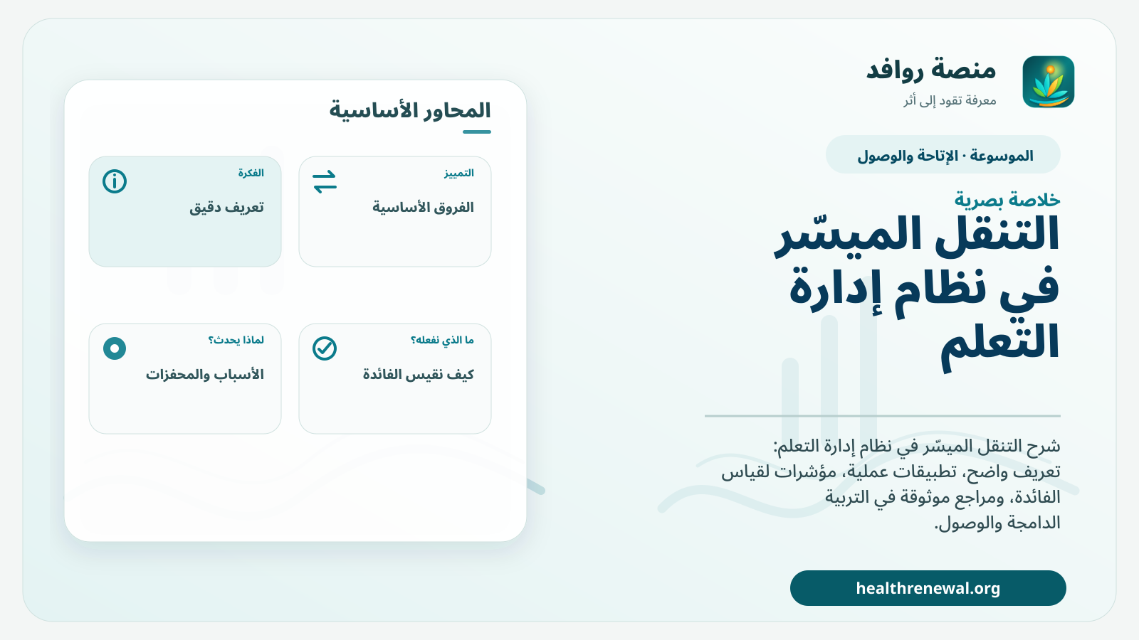 صورة بارزة من منصة روافد تلخص «التنقل الميسّر في نظام إدارة التعلم» بصريًا وفق محاور الصفحة الأساسية