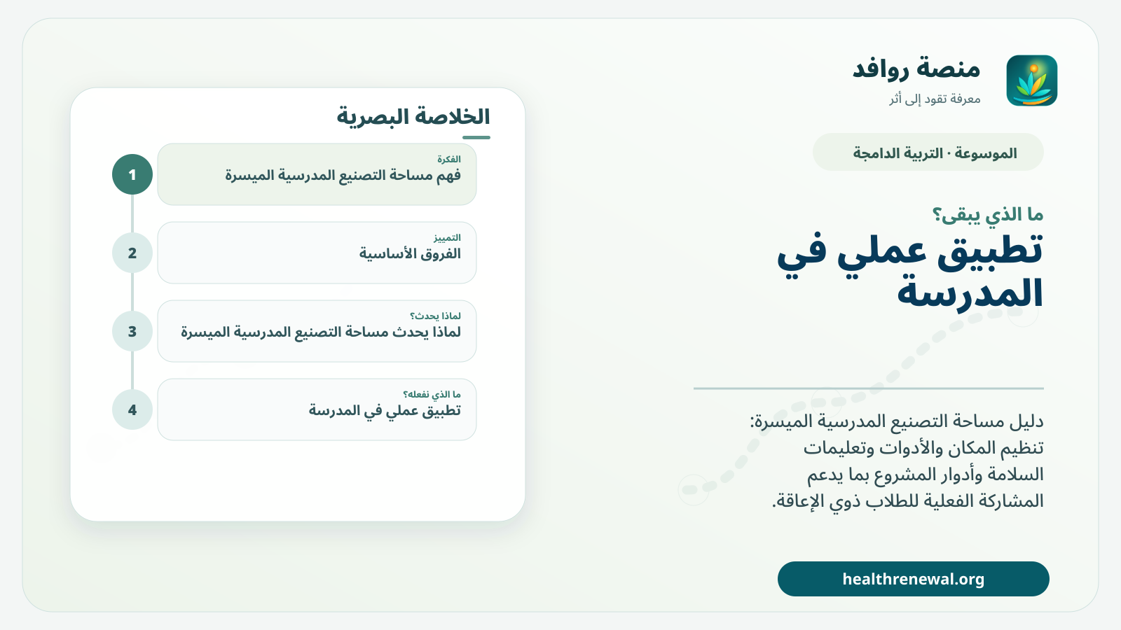 مخطط ختامي من منصة روافد يلخص «مساحة التصنيع المدرسية الميسرة» ويعرض أهم المحاور والخطوات التالية