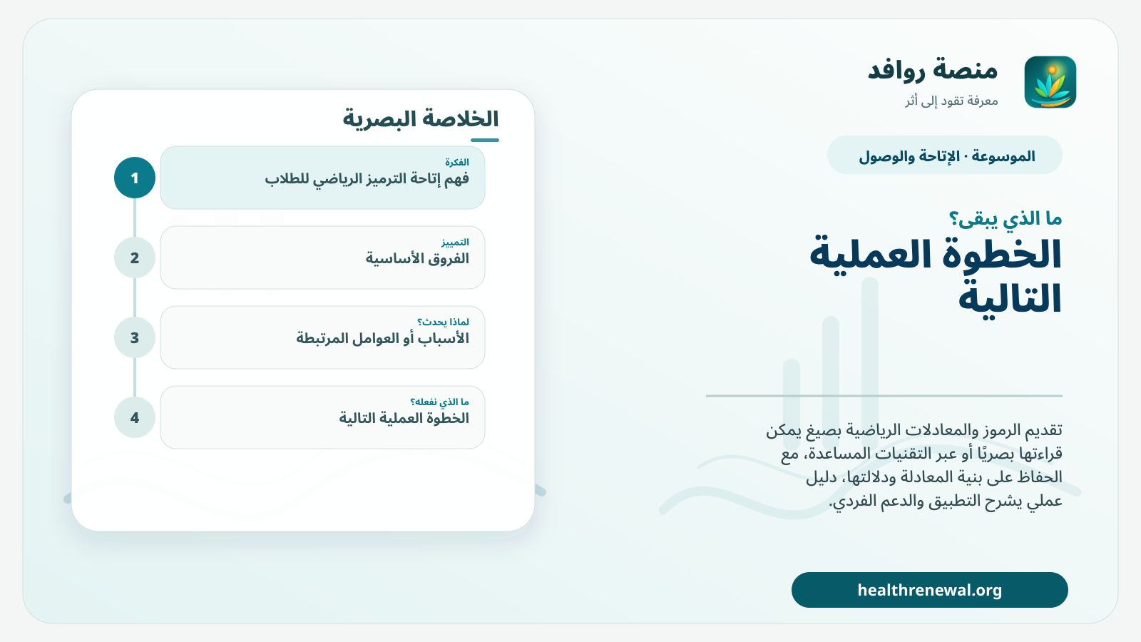 مخطط ختامي من منصة روافد يلخص «إتاحة الترميز الرياضي للطلاب» ويعرض أهم المحاور والخطوات التالية