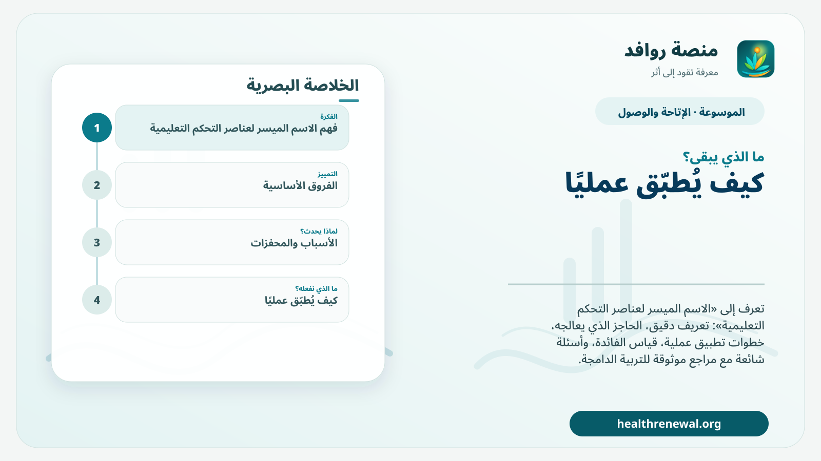مخطط ختامي من منصة روافد يلخص «الاسم الميسر لعناصر التحكم التعليمية» ويعرض أهم المحاور والخطوات التالية