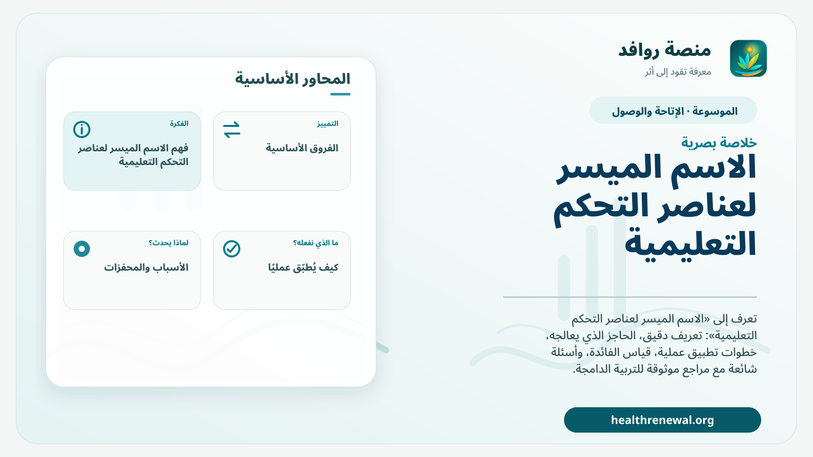صورة بارزة من منصة روافد تلخص «الاسم الميسر لعناصر التحكم التعليمية» بصريًا وفق محاور الصفحة الأساسية