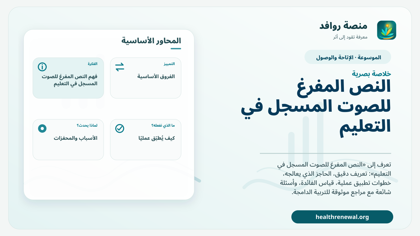 صورة بارزة من منصة روافد تلخص «النص المفرغ للصوت المسجل في التعليم» بصريًا وفق محاور الصفحة الأساسية