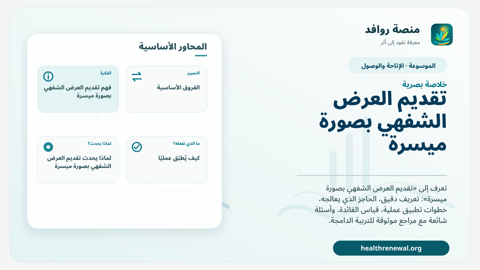 صورة بارزة من منصة روافد تلخص «تقديم العرض الشفهي بصورة ميسرة» بصريًا وفق محاور الصفحة الأساسية