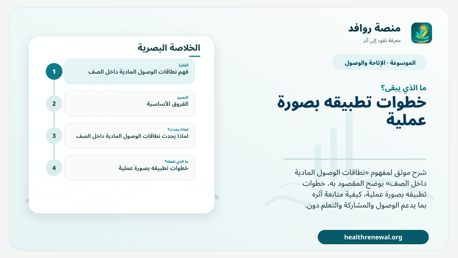 مخطط ختامي من منصة روافد يلخص «نطاقات الوصول المادية داخل الصف» ويعرض أهم المحاور والخطوات التالية