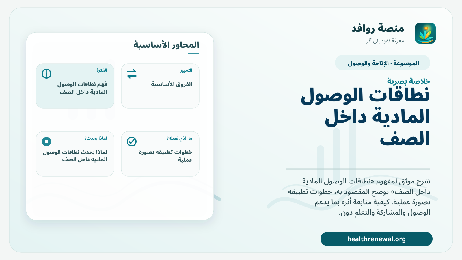 صورة بارزة من منصة روافد تلخص «نطاقات الوصول المادية داخل الصف» بصريًا وفق محاور الصفحة الأساسية