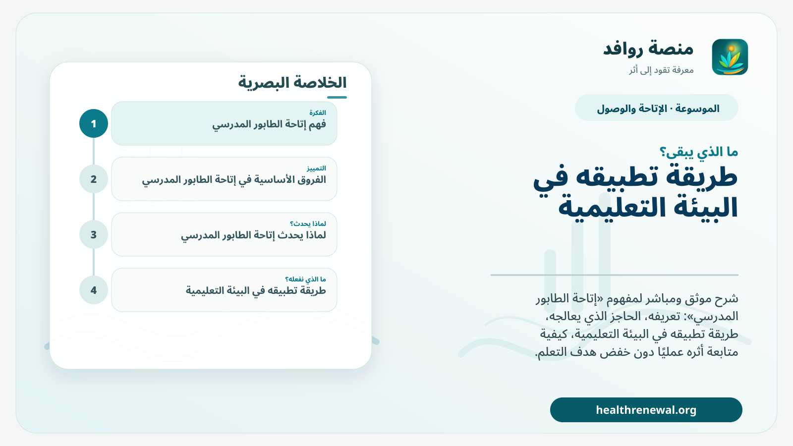 مخطط ختامي من منصة روافد يلخص «إتاحة الطابور المدرسي» ويعرض أهم المحاور والخطوات التالية