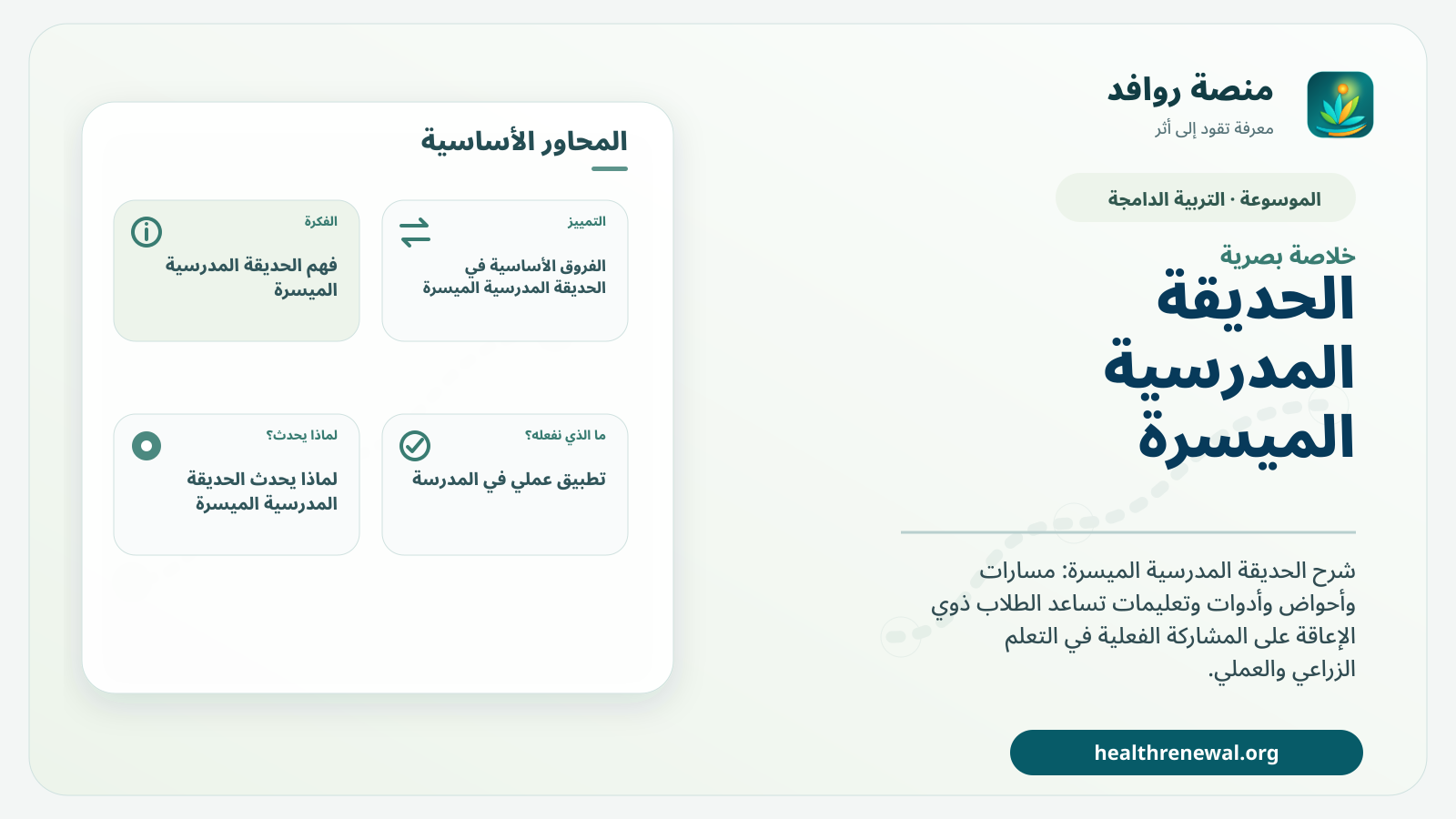 صورة بارزة من منصة روافد تلخص «الحديقة المدرسية الميسرة» بصريًا وفق محاور الصفحة الأساسية