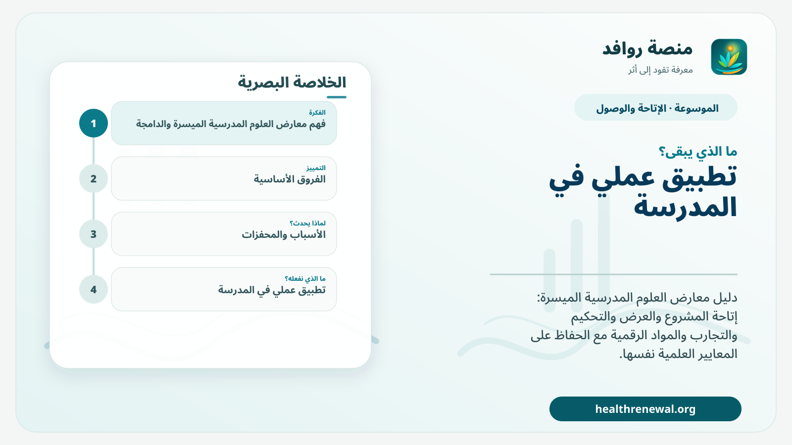 مخطط ختامي من منصة روافد يلخص «معارض العلوم المدرسية الميسرة والدامجة» ويعرض أهم المحاور والخطوات التالية