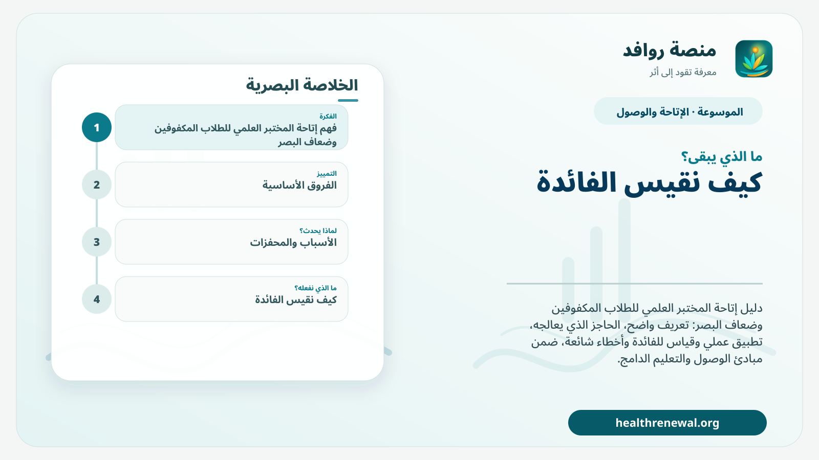 مخطط ختامي من منصة روافد يلخص «إتاحة المختبر العلمي للطلاب المكفوفين وضعاف البصر» ويعرض أهم المحاور والخطوات التالية