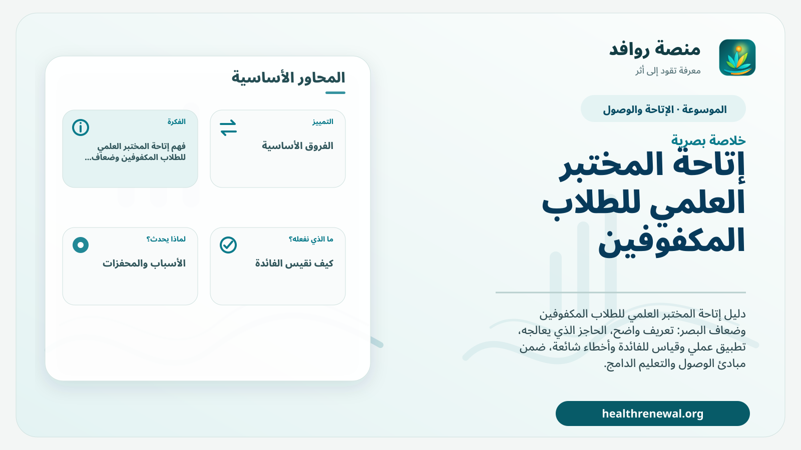 صورة بارزة من منصة روافد تلخص «إتاحة المختبر العلمي للطلاب المكفوفين وضعاف البصر» بصريًا وفق محاور الصفحة الأساسية