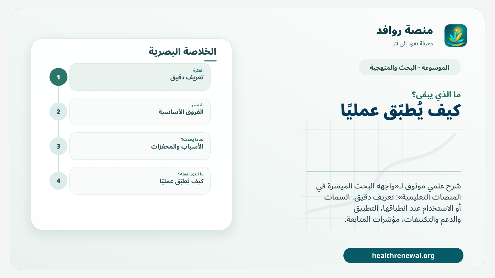 مخطط ختامي من منصة روافد يلخص «واجهة البحث الميسرة في المنصات التعليمية» ويعرض أهم المحاور والخطوات التالية