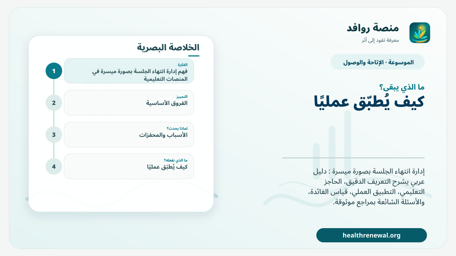 مخطط ختامي من منصة روافد يلخص «إدارة انتهاء الجلسة بصورة ميسرة في المنصات التعليمية» ويعرض أهم المحاور والخطوات التالية